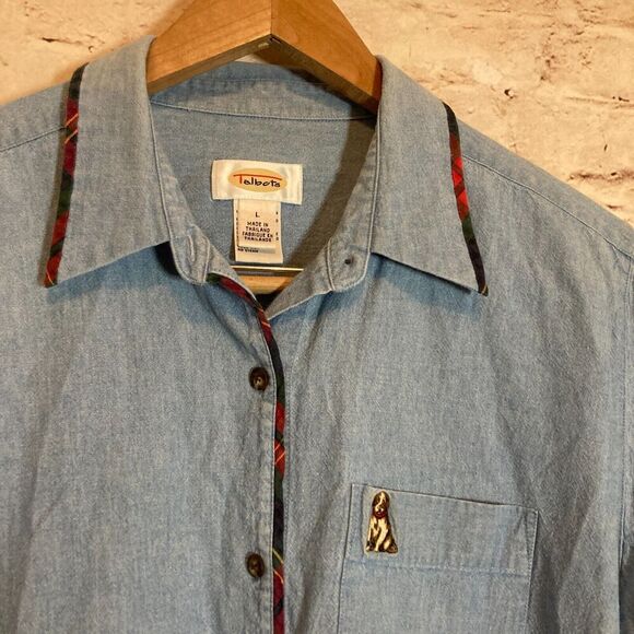 Vintage Talbots Top Womens Large Chambray Blue Button Up Embroidered Dog Cotton - Picture 8 of 12